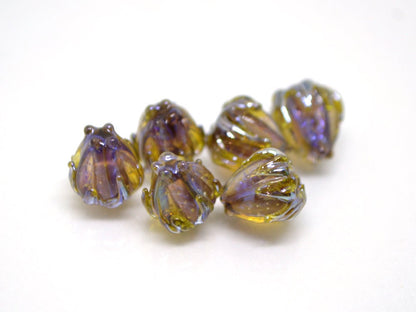 Purple green flower beads, Purple yellow floral beads, Netting pattern beads, 7mm glass beads, Tiny flower beads, Artisan lampwork beads