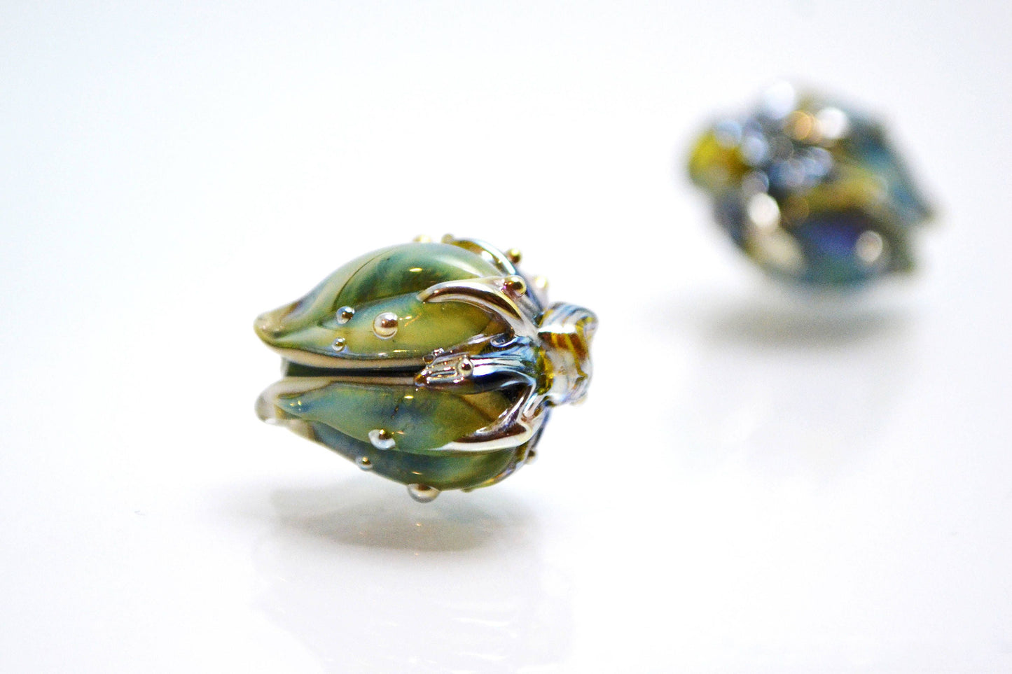 Flower artisan lampwork bead green blue bud handmade glass jewelry making set glass bell  Leaf Beads bracelet necklace pendant wedding