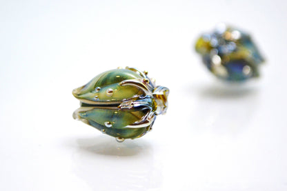 Flower artisan lampwork bead green blue bud handmade glass jewelry making set glass bell  Leaf Beads bracelet necklace pendant wedding