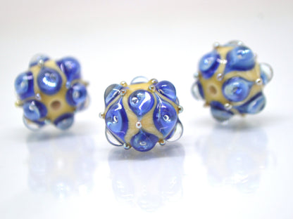 Blue beige handmade glass bead, 15 mm glass beads, Deep blue lampwork, Artisan lampwork, Beads for necklaces, Jewelry beads