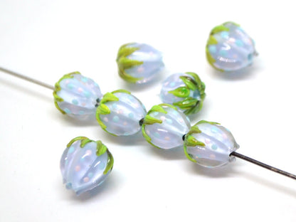Pastel blue flower beads with colorful dots, Floral glass beads with green leaves, 12mm flower beads, Easter, Artisan lampwork