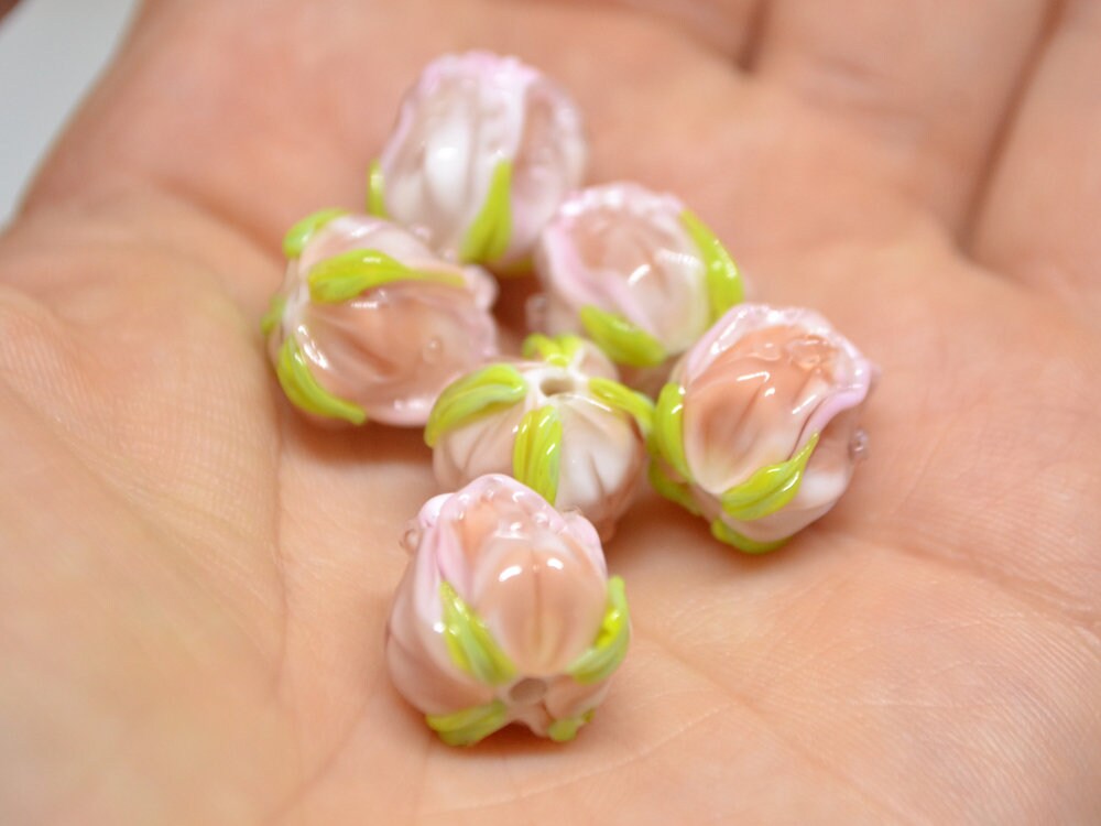 Pink powder rosebud beads, Blush pink floral lampwork, DIY Jewelry, Glass rose beads, Tender lampwork, SRA beads, Lampwork pair