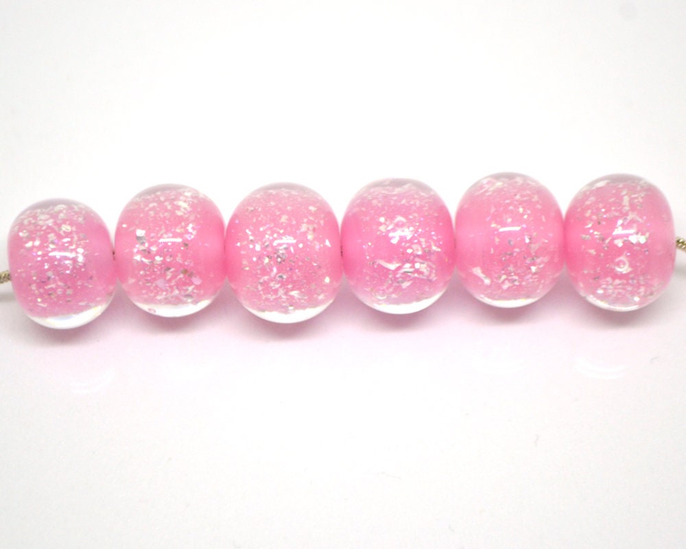 Pink lampwork foil beads, Handmade glass, Artisan lampwork, Shimmering Sparkling Round Silver Wedding jewelry making bead bride set bracelet