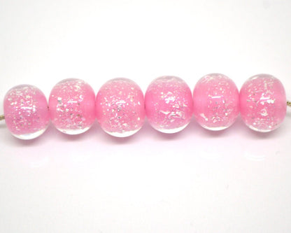 Pink lampwork foil beads, Handmade glass, Artisan lampwork, Shimmering Sparkling Round Silver Wedding jewelry making bead bride set bracelet