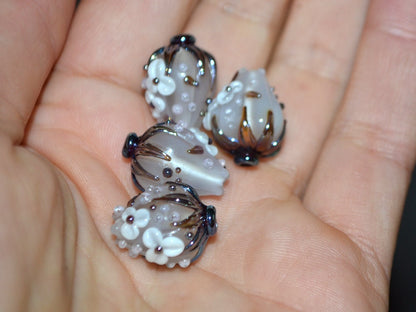 White Glass flower bouquet on lampwork bud beads, Miniature flowers, Glass miniature, Artisan lampwork, White silver glass flower beads
