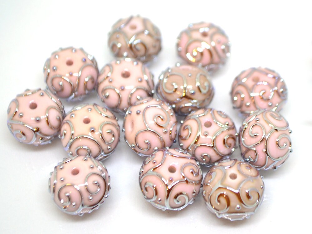 Pale pink beads with silver curls, Handmade glass beads, Artisan lampwork Set, SRA beads, Round beads, Jewelry making, Beads set