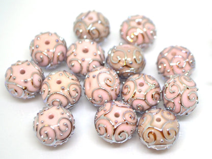Pale pink beads with silver curls, Handmade glass beads, Artisan lampwork Set, SRA beads, Round beads, Jewelry making, Beads set