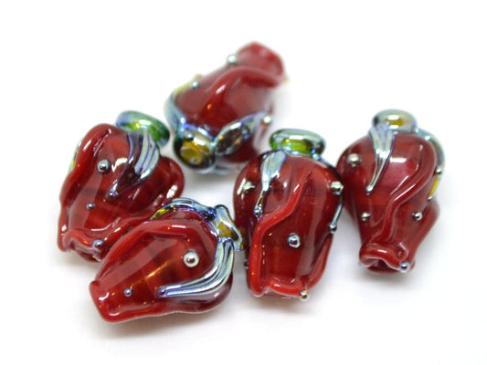 Red bud rose beads, Lampwork Glass Rose Bud Bead, Flower lampwork bead, Focal lampwork beads