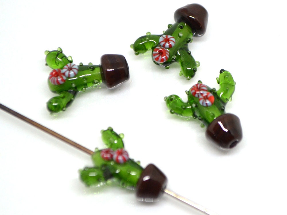 Glass cactus beads, Blooming cactus in a pot, Desert flower beads, Tequila beads, Artisan lampwork, Green flower beads