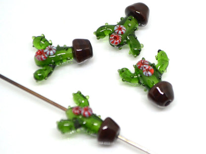 Glass cactus beads, Blooming cactus in a pot, Desert flower beads, Tequila beads, Artisan lampwork, Green flower beads