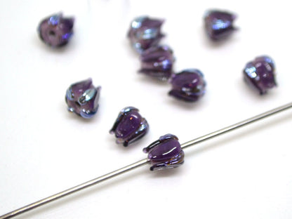 Dark purple small lampwork beads, purple silver flower beads, Tiny glass beads, 7mm flower beads, Artisan lampwork