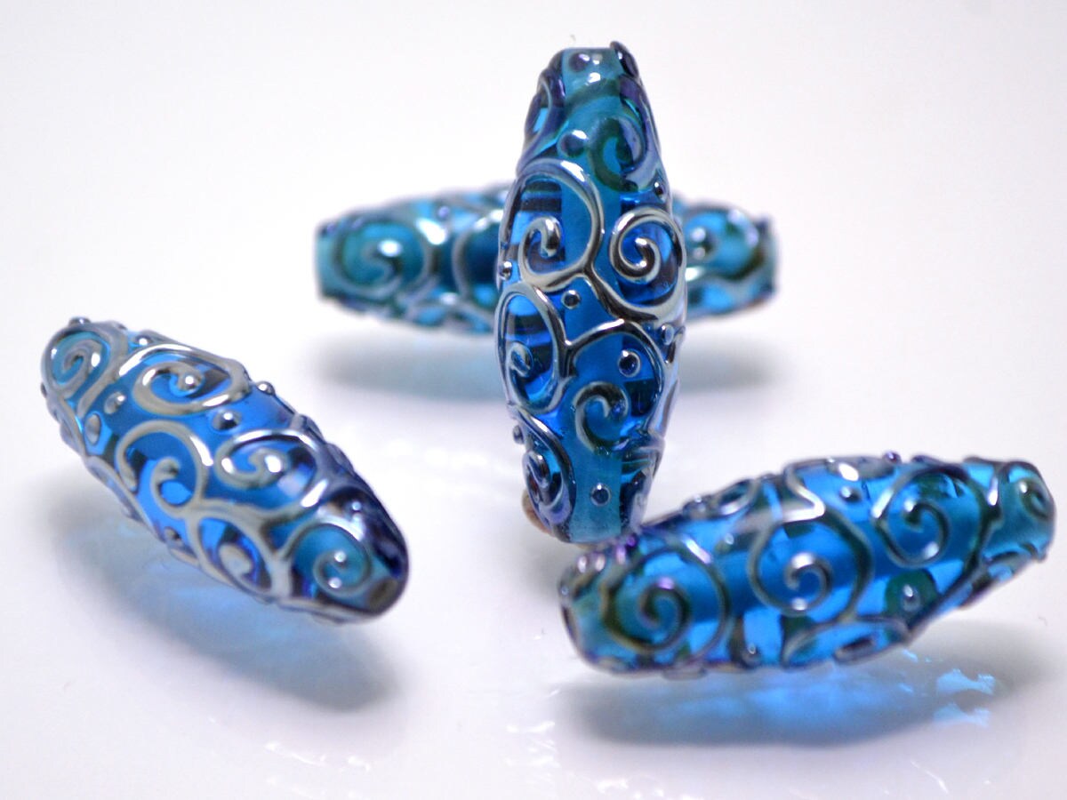 lampwork glass handmade bead rhombus oval bead swirl aqua jewelry supplies blue design bead artisan lampwork glass set silver curls on blue