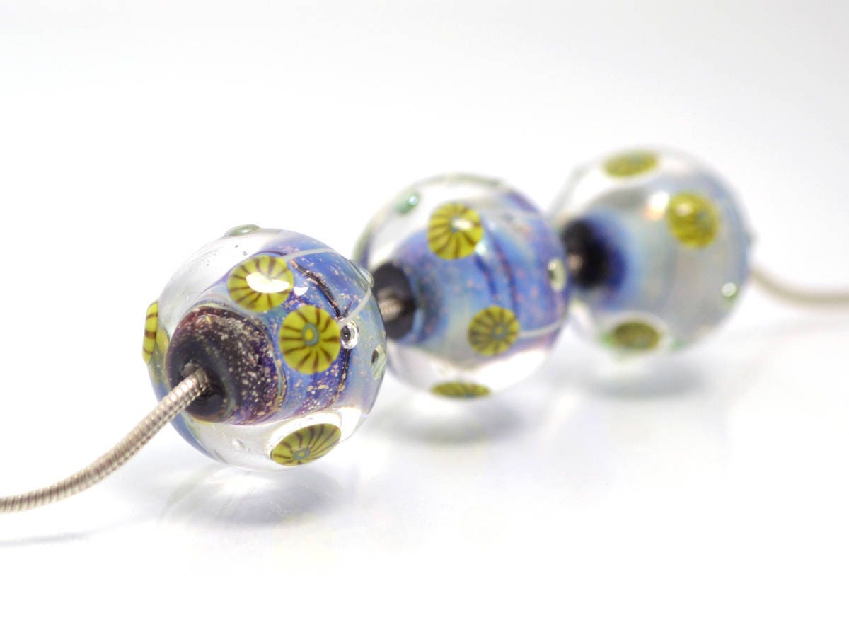 Nautical Lampwork bead handmade blue green yellow dust millefiori focal artisan lampwork aquarium set of beads for Jewelry making pendant