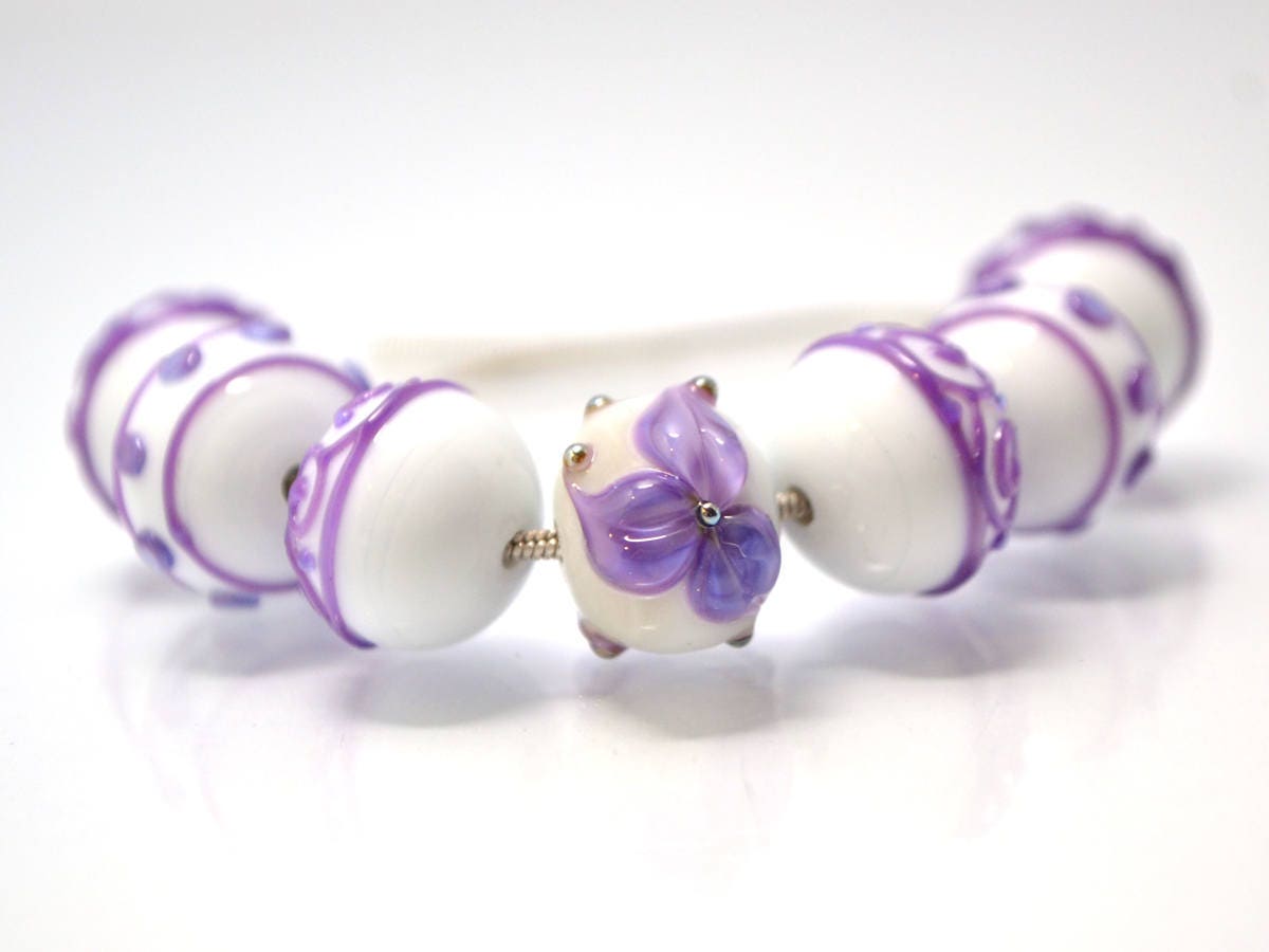 Lampwork purple white glass Handmade beads Artisan lampwork Rondelle bead Lampwork beads set Bracelet jewelry making set flower lampwork
