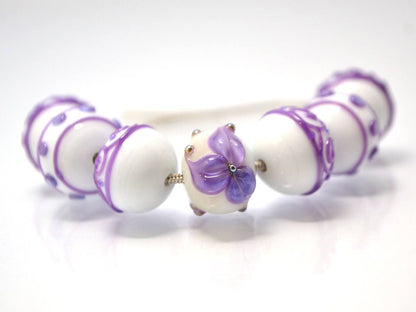 Lampwork purple white glass Handmade beads Artisan lampwork Rondelle bead Lampwork beads set Bracelet jewelry making set flower lampwork