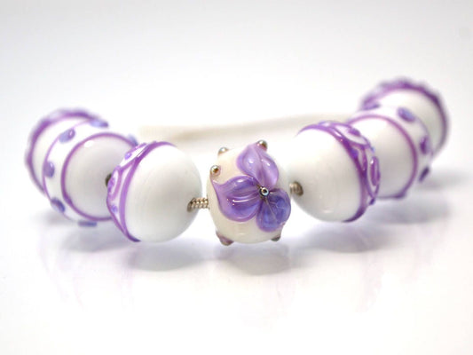 Lampwork purple white glass Handmade beads Artisan lampwork Rondelle bead Lampwork beads set Bracelet jewelry making set flower lampwork