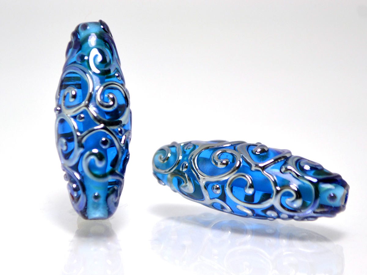 lampwork glass handmade bead rhombus oval bead swirl aqua jewelry supplies blue design bead artisan lampwork glass set silver curls on blue