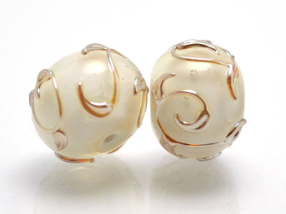 white pearl artisan lampwork bead handmade glass beads for wedding jewelry making set gold sprig twig leaf on white romantic tender earrings