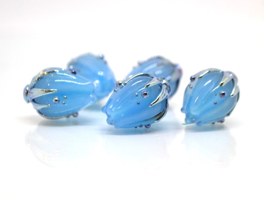 Lampwork flower beads, Blue pastel beads, Artisan lampwork, Baby blue beads, Boy blue, Floral Lampwork pendant, Jewelry making, Glass flower