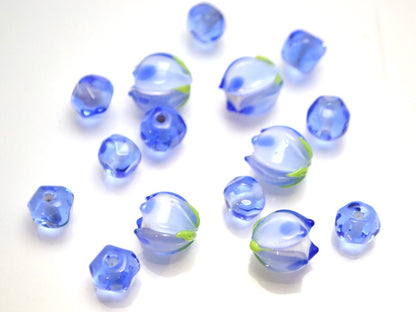 blue flower lampwork bead Tender floral glass bud Spring spot bead jewelry making Artisan lampwork Blue white set Small light blue spacer