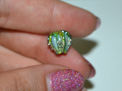 Olive green flower lampwork beads, Pale green glass beads, 10mm flower beads, Artisan lampwork garden floral theme beige gold jewelry supply