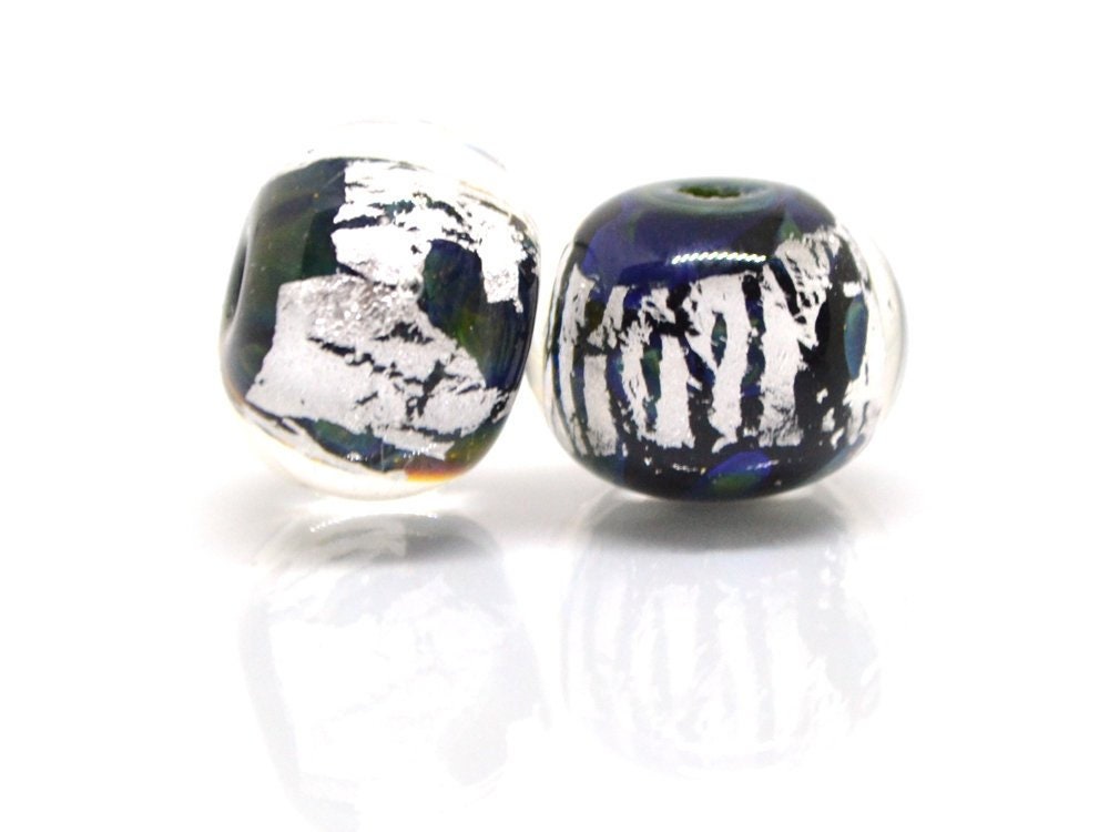 Black silver foil lampwork beads, Handmade glass beads, Artisan Lampwork, Art beads, rondelle beads