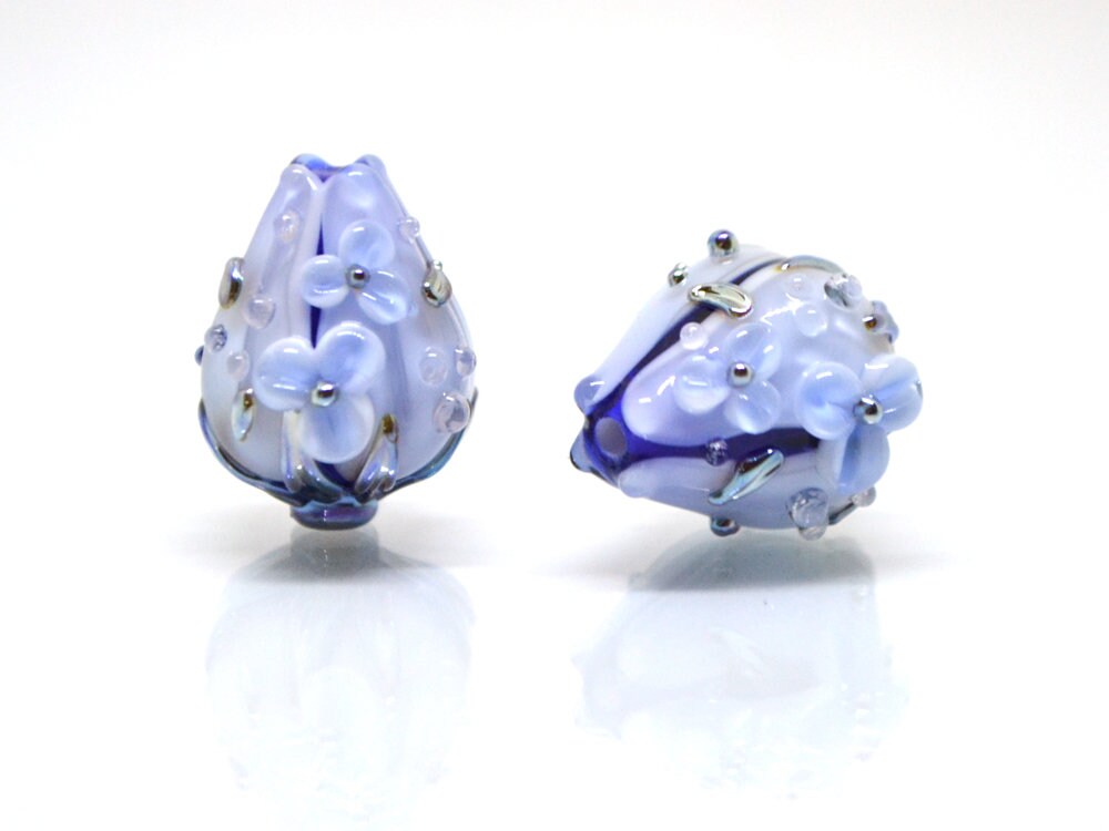 Blue Glass flower bouquet on lampwork bud beads, Pale blue lampwork beads, Miniature flowers, Something blue