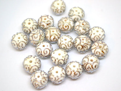 White beads with silver curls, Glass art beads, Handmade lampwork beads, Artisan lampwork Set, Round beads, Jewelry making, Beads set