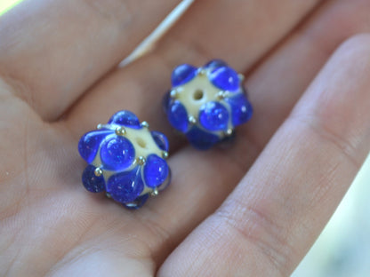 Electric Blue Lampwork bead, Cobalt blue glass beads, Blue beige lampwork beads, Artisan lampwork, Handmade bead, Rondelle beads
