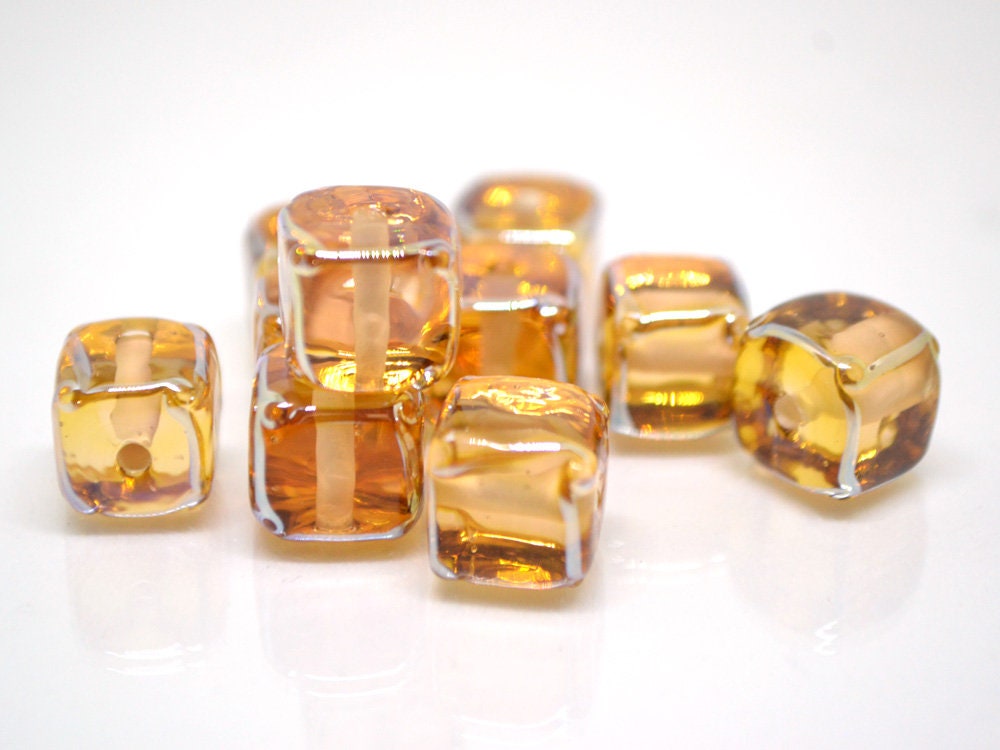 Gold yellow square beads, Honey yellow cube beads,  12mm square beads, Sunny cube beads, Yellow lampwork beads, Handmade glass beads