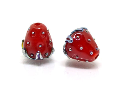 Big 12mm Strawberry lampwork beads, Red glass berry, Glass strawberry, Berry fruit beads, Red silver berry beads
