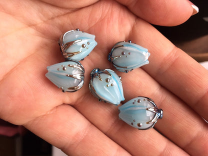 Pastel blue flower beads|Handmade glass beads|Light Blue Silver|Floral pendant|Flower lampwork|Wedding earrings|Something blue|