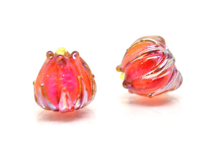 Red orange silver floral beads, Flower lampwork bead, 10mm flower beads, Lampwork flower glass beads, Artisan lampwork, bright glass beads