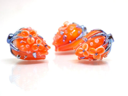 Orange silver flower bouquet lampwork beads, Bright lampwork beads, Artisan lampwork, SRA beads