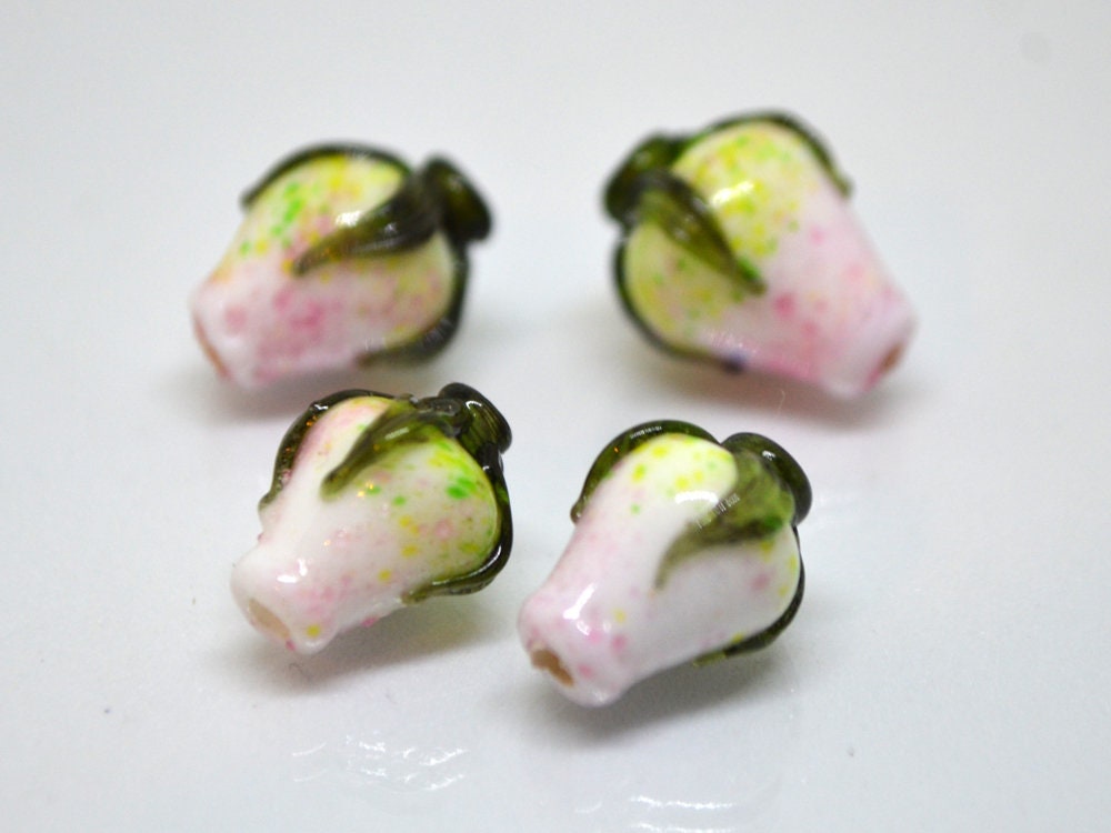 Pink white twist rosebud beads, Spring flower Glass Beads, Floral lampwork bead, Pink green flower buds, Artisan lampwork beads, OliVerStar
