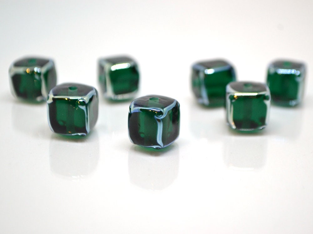 emerald glass beads handmade green cube beads lampwork cube bead geometric glass bead square lampwork bead art glass beads green silver bead