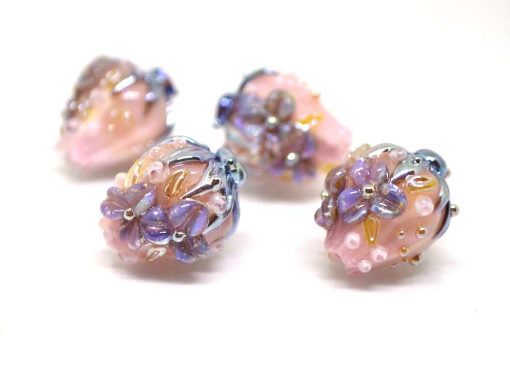Pink lavender flower bouquet bud beads, Glass Flower beads, Floral lampwork, 3d Flower beads, Miniature glass flowers, Artisan lampwork bead