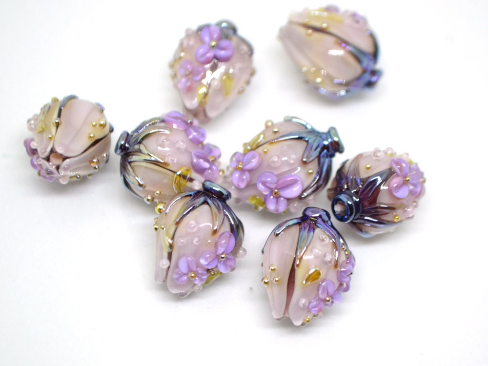 Pale purple flower bouquet lampwork beads, Light purple green mint lampwork beads, Artisan lampwork