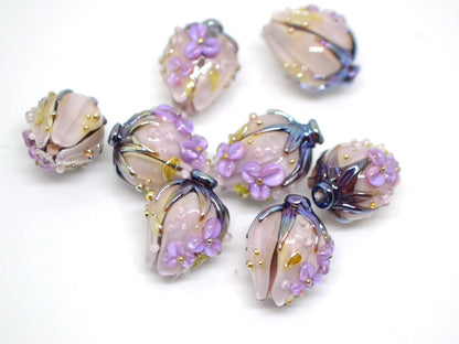 Pale purple flower bouquet lampwork beads, Light purple green mint lampwork beads, Artisan lampwork