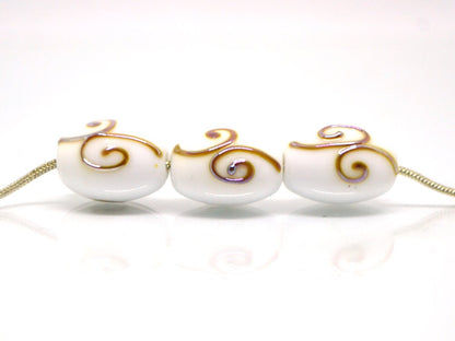 White opaque barrel glass beads gold curles, Oval lampwork beads, Handmade lampwork, Beads for wedding jewelry, Bead set, Beads crafts