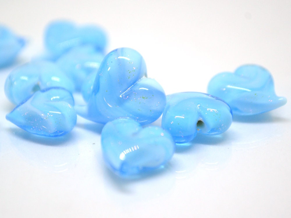 Blue heart beads, Sparkle Lampwork heart, Sky blue glass beads, Glass heart shape bead, Heart charm beads, Half-drilled beads, Handmade