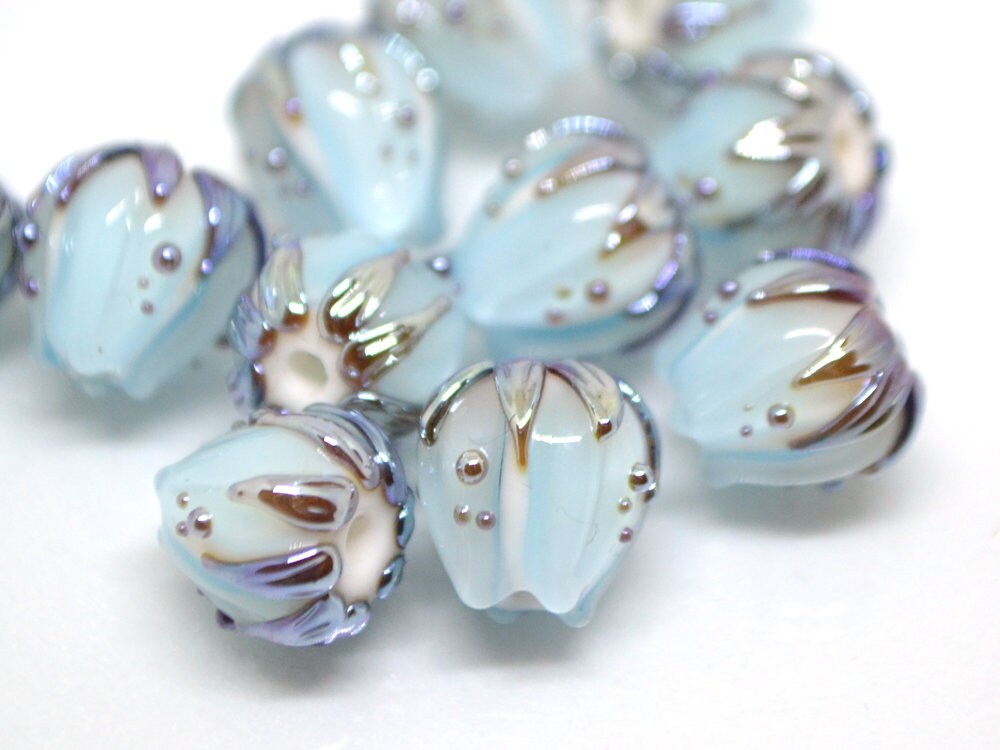 Pastel blue flower glass beads silver, 10mm glass beads, Pale blue lampwork flower bead, Floral lampwork, Handmade glass bead Something blue