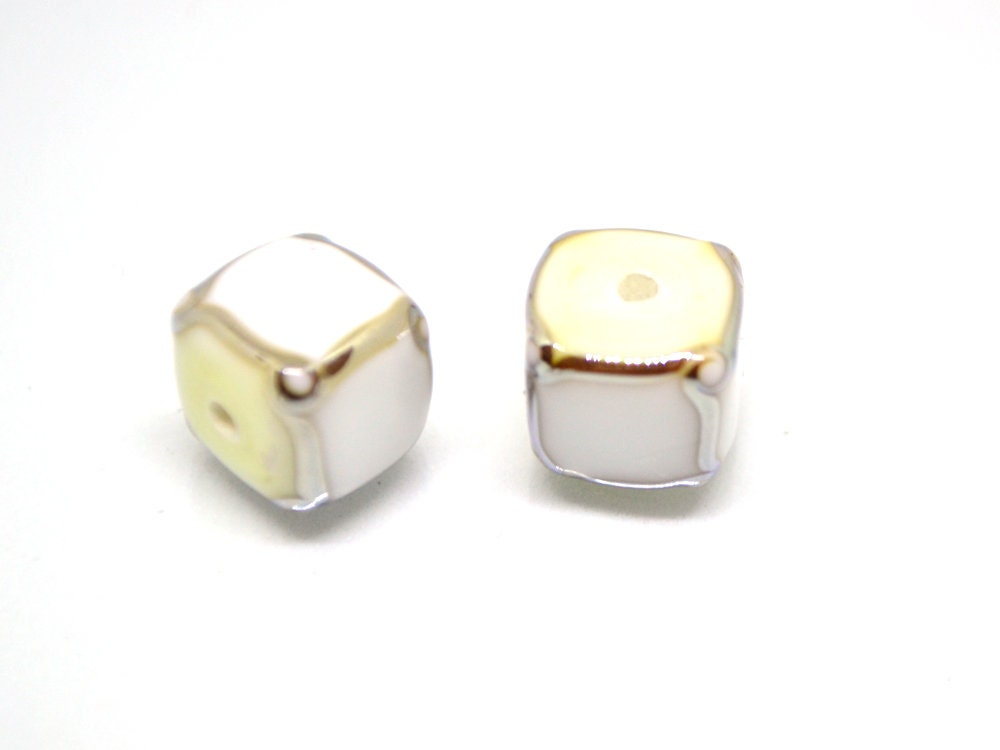White silver square beads, White cube beads, White spacer beads, White lampwork beads, Geometric beads, cube beads 10mm, Artisan lampwork
