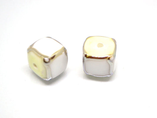 White silver square beads, White cube beads, White spacer beads, White lampwork beads, Geometric beads, cube beads 10mm, Artisan lampwork