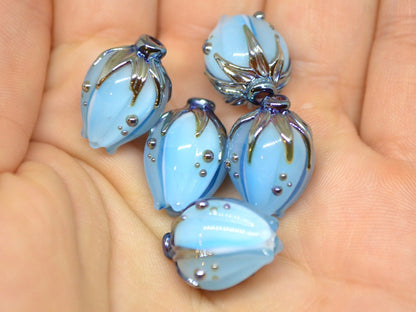 Handmade glass sky blue flower beads|Light Blue Silver|Glass pendant|Flower bud bead|Floral lampwork|Something blue|Wedding jewelry making
