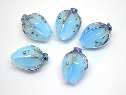 Handmade glass sky blue flower beads|Light Blue Silver|Glass pendant|Flower bud bead|Floral lampwork|Something blue|Wedding jewelry making