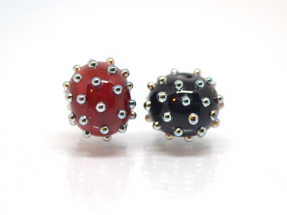 Red black handmade glass beads with silver dots, Artisan lampwork, Beads for bracelet, beads pimples