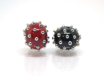 Red black handmade glass beads with silver dots, Artisan lampwork, Beads for bracelet, beads pimples