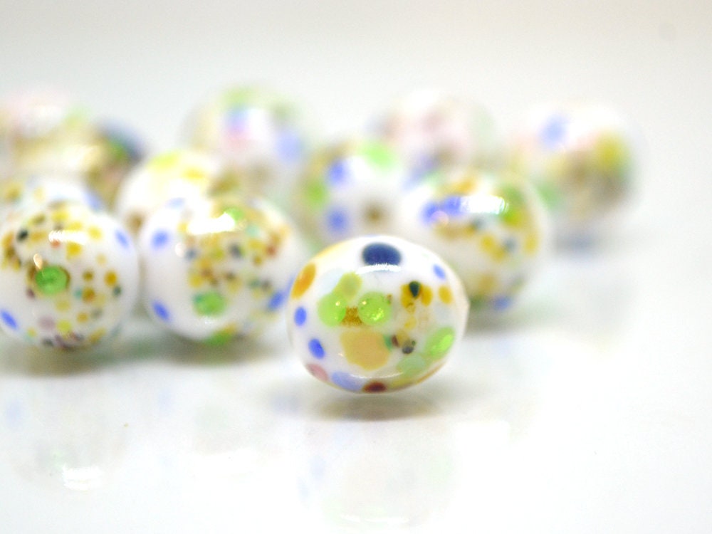 Colorful dots on white murano glass beads, Rainbow glass beads, Ethnic beads, Venetian style beads, Handmade beads, Artisan lampwork