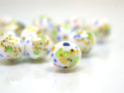 Colorful dots on white murano glass beads, Rainbow glass beads, Ethnic beads, Venetian style beads, Handmade beads, Artisan lampwork